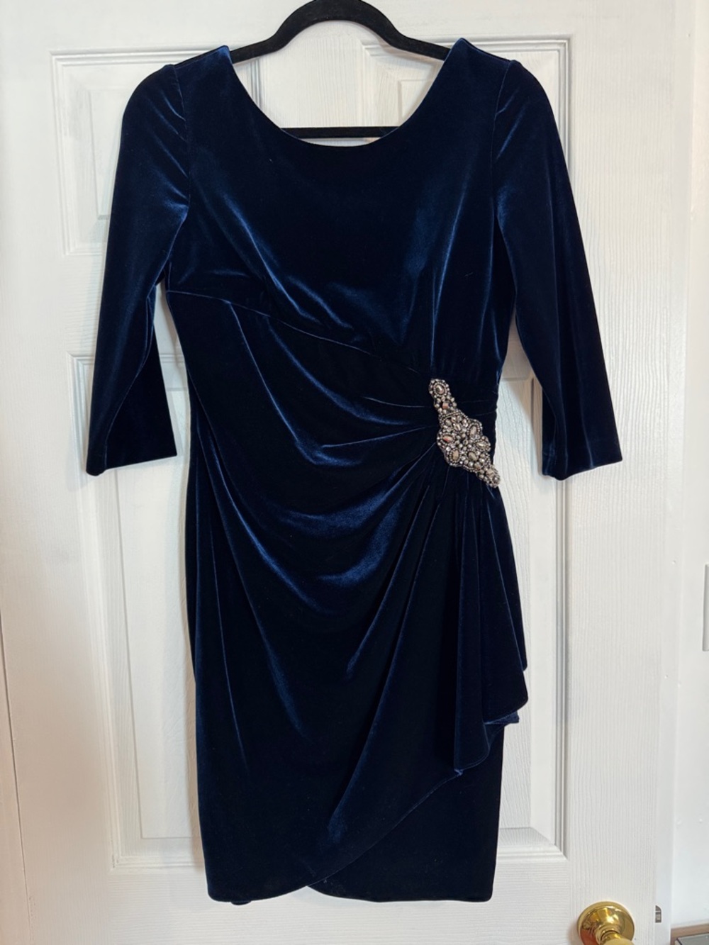 Alex Evenings Navy Velvet Draped Cocktail Dress with Jeweled Detail